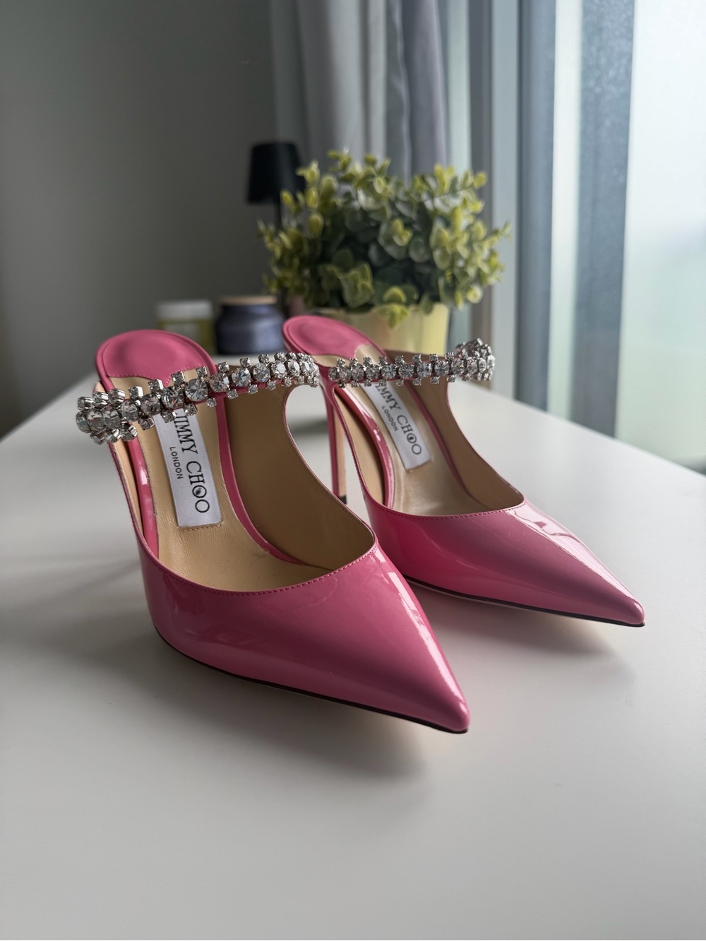 Jimmy Choo Hot Pink Patent Pointed-Toe Bing 100 Mules with Crystal Strap